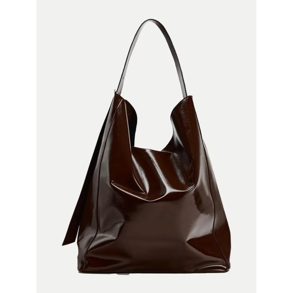 ZARA Brown Patent Faux Leather Slouchy Hobo Shoulder Bag Oversized Tote